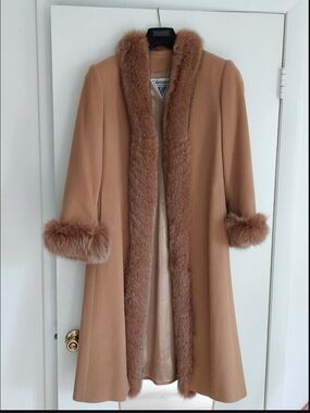Camel 100% Lambs Wool And Fur Trim Coat